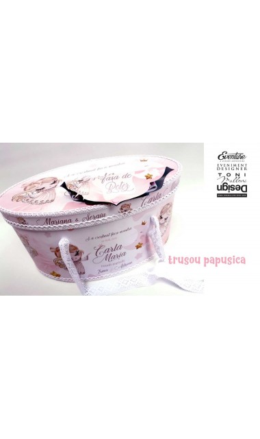 Trusou de botez cu papusica roz, gene lungi si broderie customizata, Doll 13